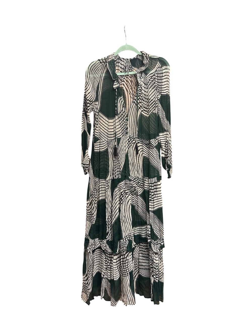 Anthropologie Green and Cream Patterned Tiered Sheer Maxi Dress